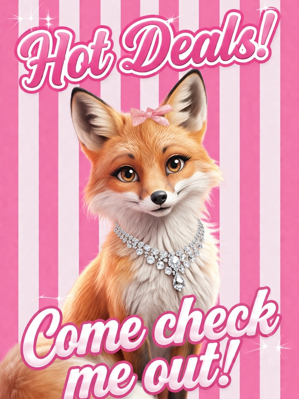 Pink Striped Fox Poster with Sparkling Necklace
